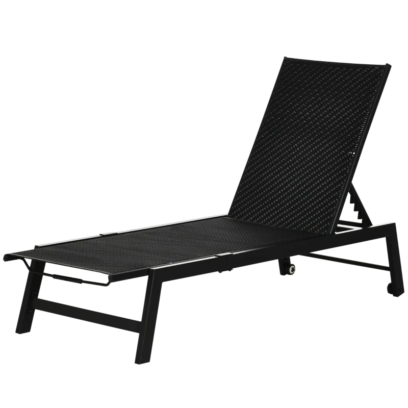 Outsunny Chaise longue bain de soleil en résine tressée imitation rotin avec roues dossier inclinable aluminium noir