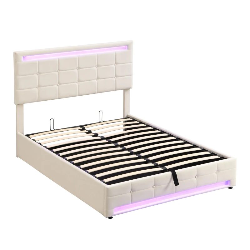 Velvet Upholstered Double Bed with Storage, Remote Control LED Light, Iron Frame, Elegant Design, 199x150x123 cm, Beige