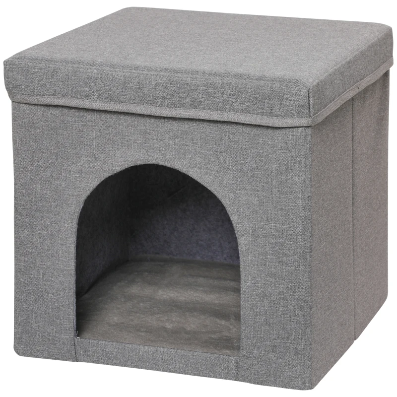 PawHut Casa para Gatos Cama para Gatos Casa para Gatos com Placa de Arranhar e Porta Interior 36,5x36,5x36,5 cm Cinza