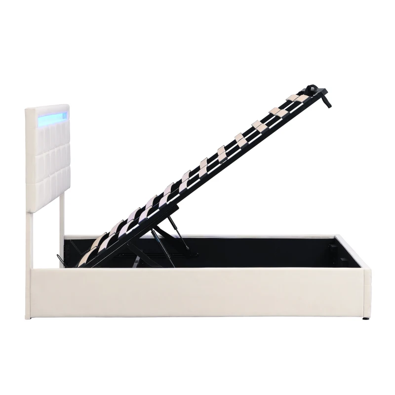 Velvet Upholstered Double Bed with Storage, Remote Control LED Light, Iron Frame, Elegant Design, 199x150x123 cm, Beige