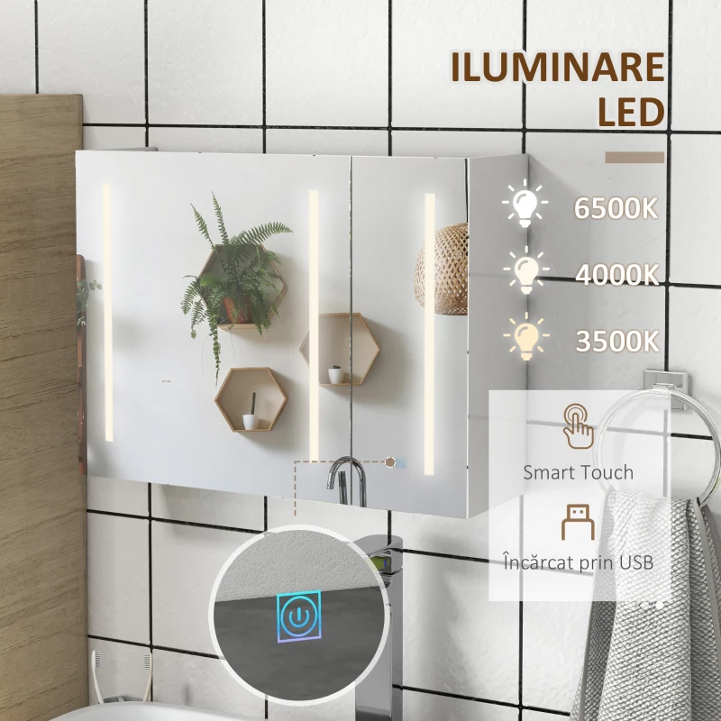 kleankin Dulap de Baie cu Oglinda cu LED,  Alb Lucios
