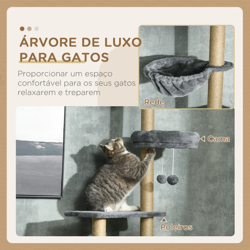 PawHut Arranhador para Gatos do Solo ao Teto de 230-250 cm  com Altura Ajustável Múltiplas Plataformas Rede Bolas Suspensas Cinza
