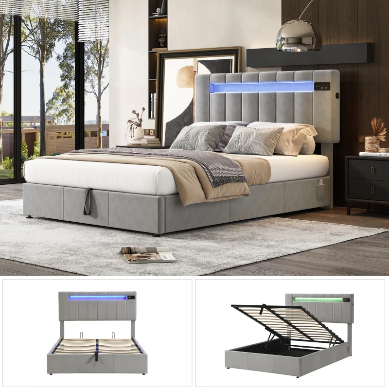 Upholstered Hydraulic Double Sofa Bed with Bluetooth Stereo, USB Ports, Storage Pockets, and LED Light Strips, 198x150x120 cm, Gray