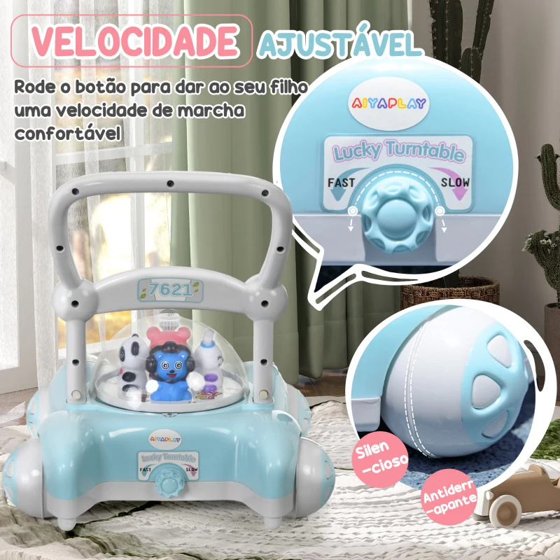 AIYAPLAY Andador para Bebés com Altura Ajustável Música Rodas Antiderrapantes Luzes Guiador Desmontável 43,4x40,6x43 cm Azul Claro