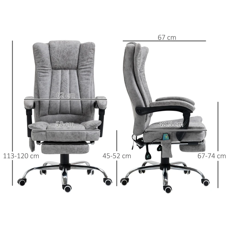 HOMCOM Fauteuil de bureau massant chauffant fauteuil bureau confortable hauteur réglable dossier inclinable repose-pied revêtement synthétique gris