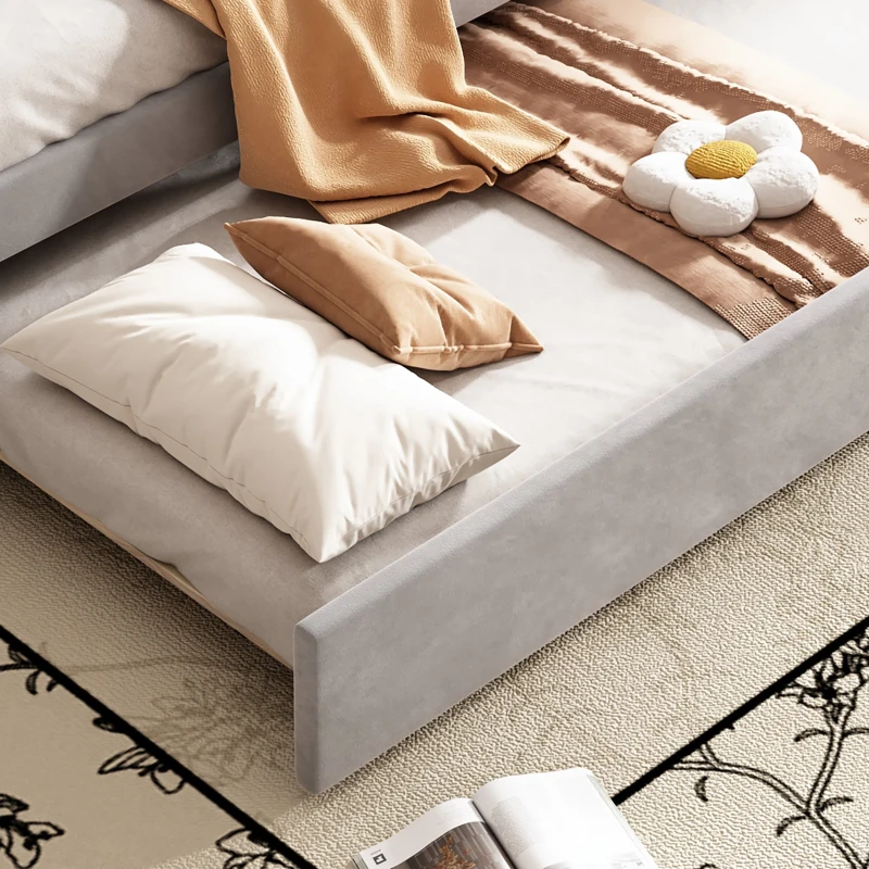 Upholstered Single Sofa Bed with Trundle, Velvet Sofa Bed Sleeper with Scalloped Cushions, 202x190x95 cm, Gray