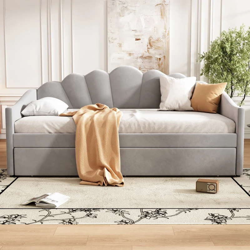 Upholstered Single Sofa Bed with Trundle, Velvet Sofa Bed Sleeper with Scalloped Cushions, 202x190x95 cm, Gray