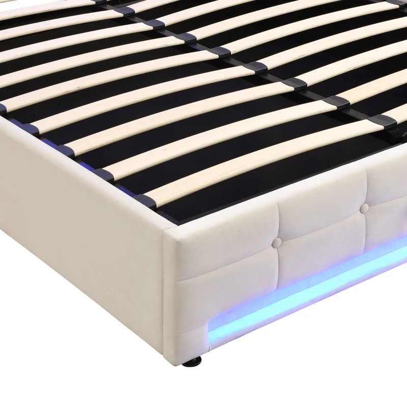 Velvet Upholstered Double Bed with Storage, Remote Control LED Light, Iron Frame, Elegant Design, 199x150x123 cm, Beige