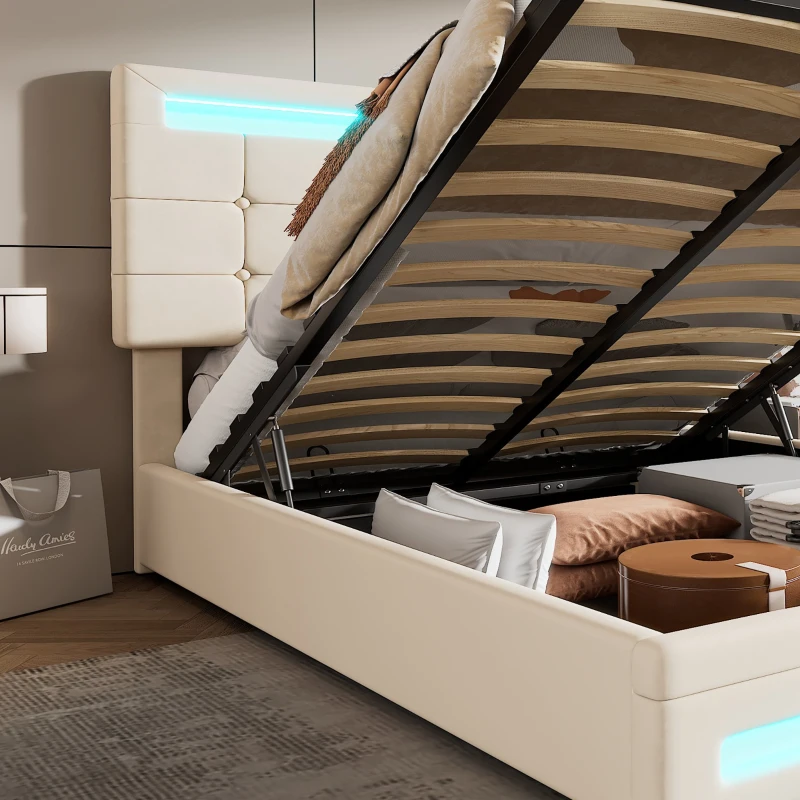 Velvet Upholstered Double Bed with Storage, Remote Control LED Light, Iron Frame, Elegant Design, 199x150x123 cm, Beige