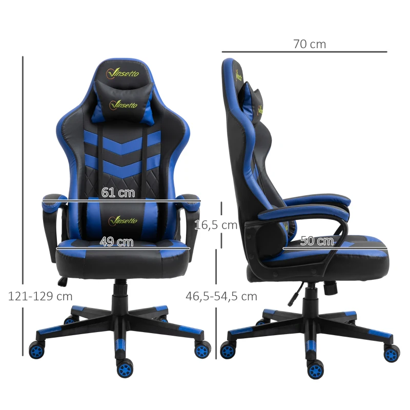 Vinsetto Cadeira Gaming Cadeira de Escritório Ergonómica com Altura Regulável Basculante Apoio de Cabeça 61x70x121-129 cm Azul