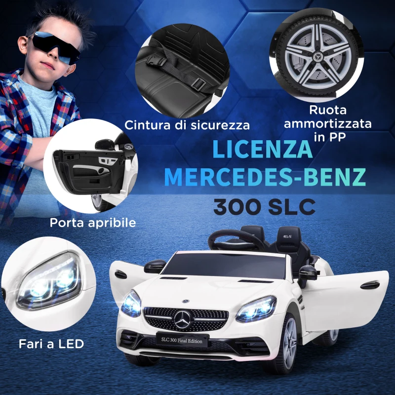 AIYAPLAY Macchina Elettrica per Bambini Licenza Mercedes SLC 300 con Telecomando, in PP e Metallo, 107x62.5x44 cm, Bianco