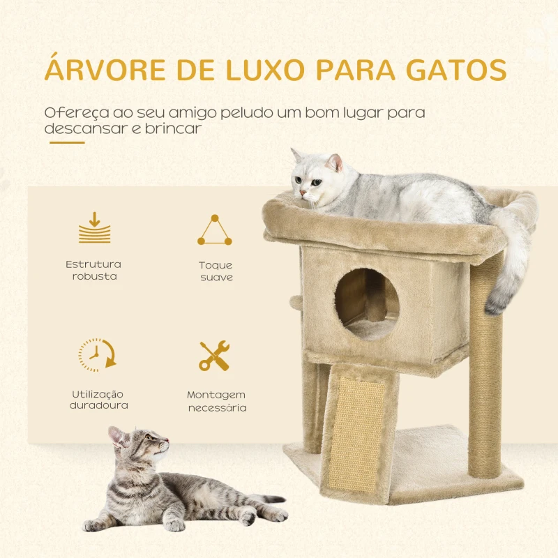 PawHut Árvore Arranhador para Gatos Pequenos Arranhador para Gatos com Poste de Juta Rampa Caverna e Bola Suspensa 40x40x57 cm Areia