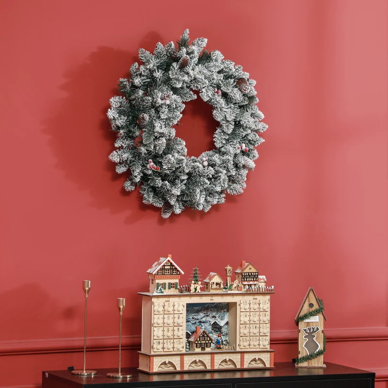 HOMCOM Kerstkrans met LED-Verlichting, Rode Bessen, Realistische Uitstraling, Ø60 x 10 cm, Groen