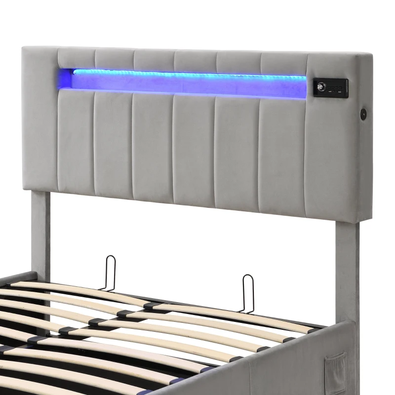 Upholstered Hydraulic Double Sofa Bed with Bluetooth Stereo, USB Ports, Storage Pockets, and LED Light Strips, 198x150x120 cm, Gray