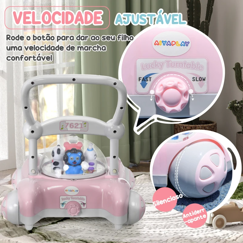 AIYAPLAY Andador para Bebés com Altura Ajustável Música Rodas Antiderrapantes Luzes Guiador Desmontável 43,4x40,6x43 cm Rosa