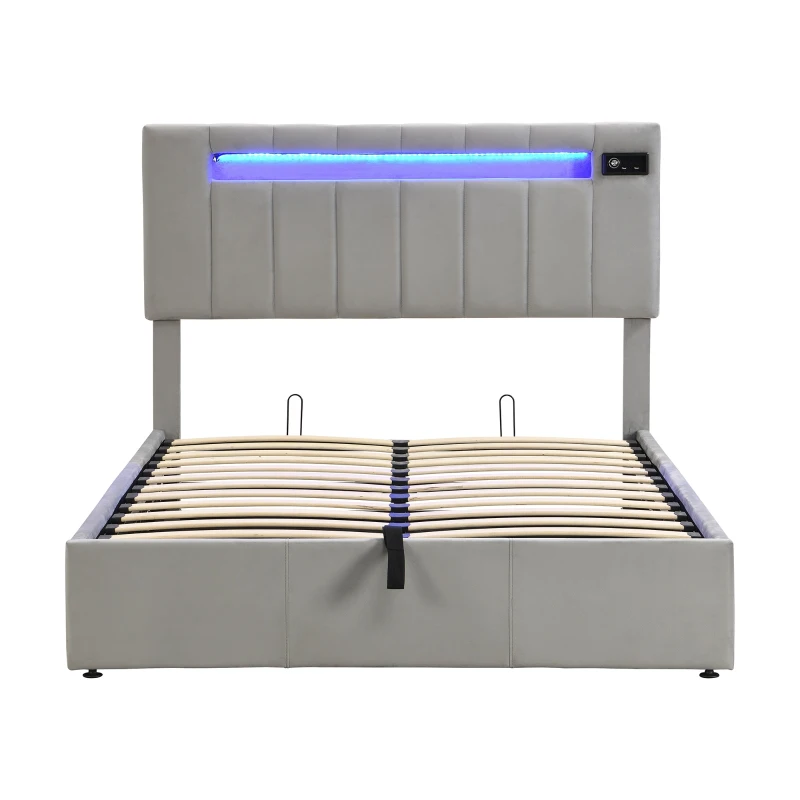 Upholstered Hydraulic Double Sofa Bed with Bluetooth Stereo, USB Ports, Storage Pockets, and LED Light Strips, 198x150x120 cm, Gray