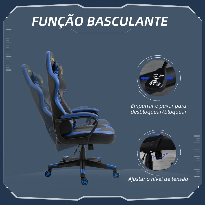 Vinsetto Cadeira Gaming Cadeira de Escritório Ergonómica com Altura Regulável Basculante Apoio de Cabeça 61x70x121-129 cm Azul
