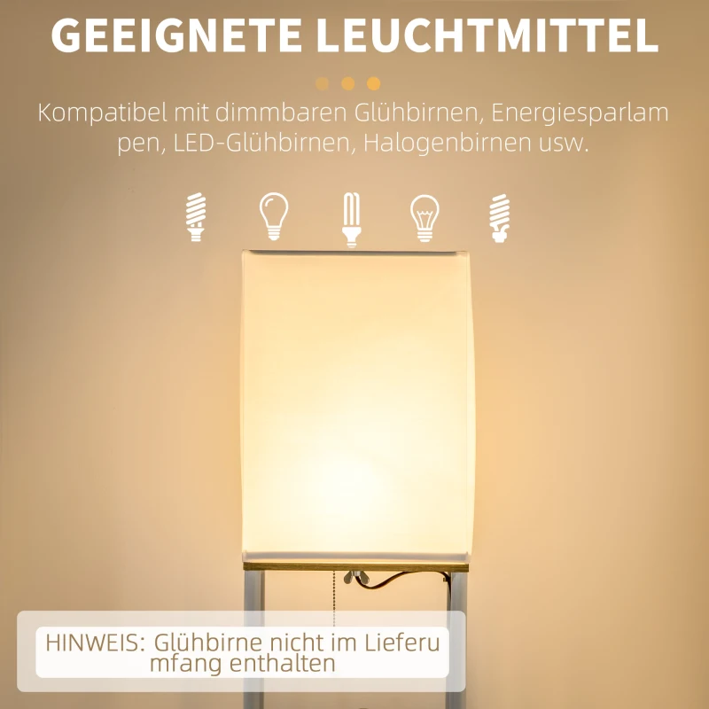 HOMCOM Staandelamp, Vloerlamp met Planken, Metalen Frame, Stoffen Kap, 26x26x159cm, Wit/Bruin