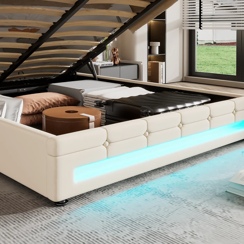 Velvet Upholstered Double Bed with Storage, Remote Control LED Light, Iron Frame, Elegant Design, 199x150x123 cm, Beige