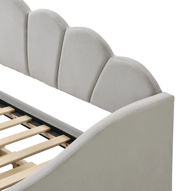 Upholstered Single Sofa Bed with Trundle, Velvet Sofa Bed Sleeper with Scalloped Cushions, 202x190x95 cm, Gray