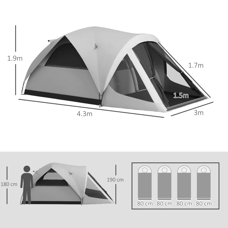 Outsunny Cort de Camping pentru 4 Persoane, Impermeabil, cu Zonă de Noapte și Zonă de Zi, din Poliester, 430x300x190 cm, Gri