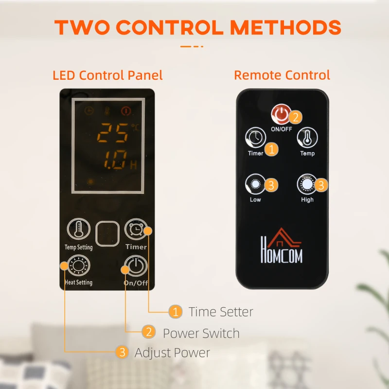 HOMCOM Mica Electric Space Heater, Portable Heater for Home with 2 Heat Settings, Living Room, Study, Garage, Adjustable Temperature 18-30°C, 1000W/2000W, Black