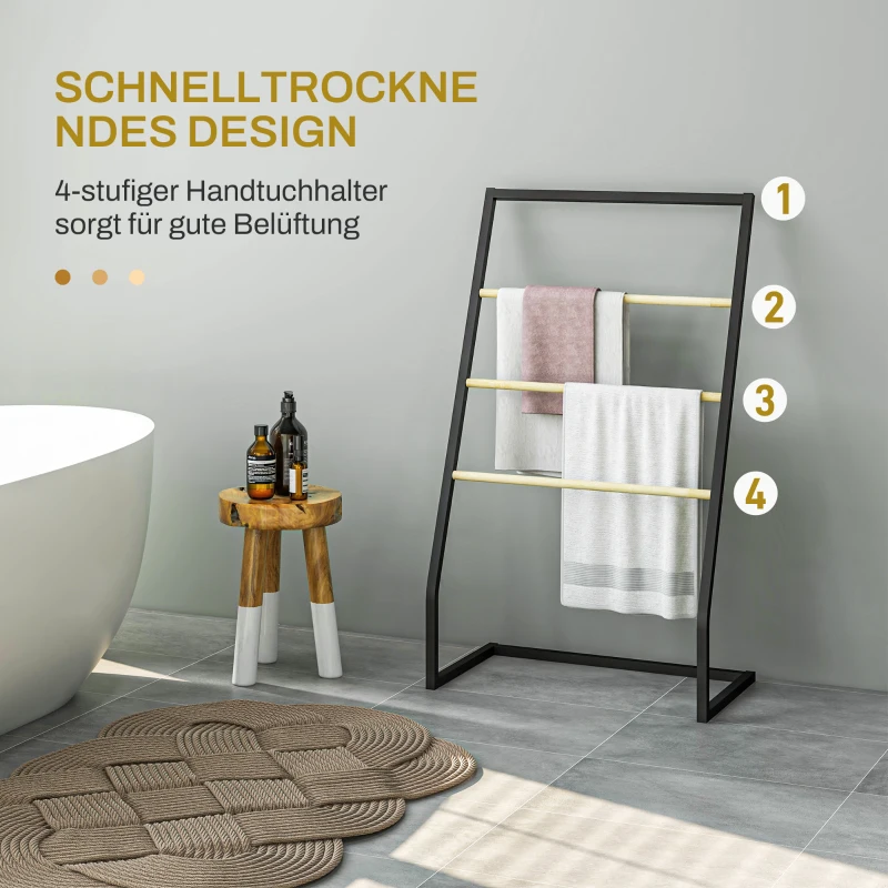 HOMCOM Stojak na ręczniki, wolnostojący, 4 pręty, 60x35x102cm, Czarny/Naturalne drewno