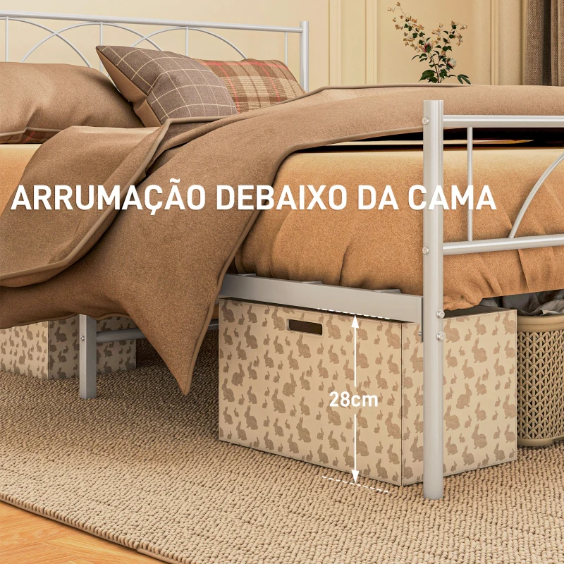 HOMCOM Cama de Casal 135x190 cm Com Cabeceira de Ripas de Aço e Espaço de Arrumação Debaixo da Cama Carga 330 kg Branca