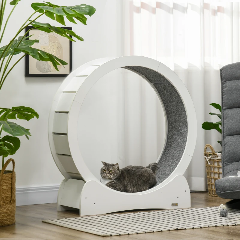 PawHut 30" Wooden Cat Running Wheel with Brake, White