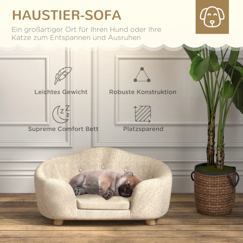 PawHut Haustiersofa Hundematte Hundebett Hundesofa Hundecouch Katzen Sofa mit Kissen Rückentasche Plüsch Schaumstoff Kiefernholz Cremeweiß 70 x 47 x 30 cm