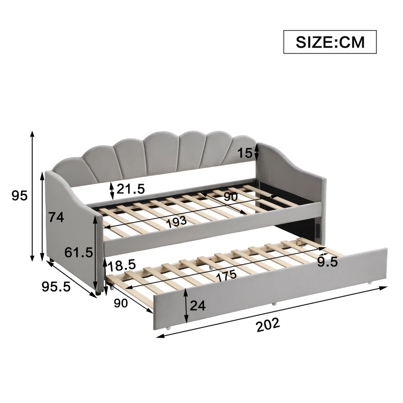 Upholstered Single Sofa Bed with Trundle, Velvet Sofa Bed Sleeper with Scalloped Cushions, 202x190x95 cm, Gray