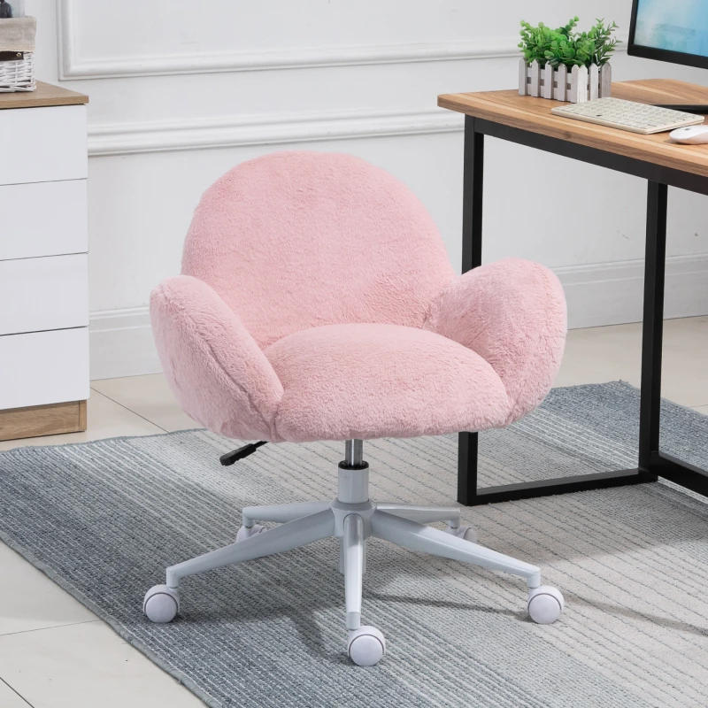 HOMCOM Makeup Vanity Chair, Cute Fluffy Desk Chair with Rolling Wheels for Bedroom Living Room, Pink