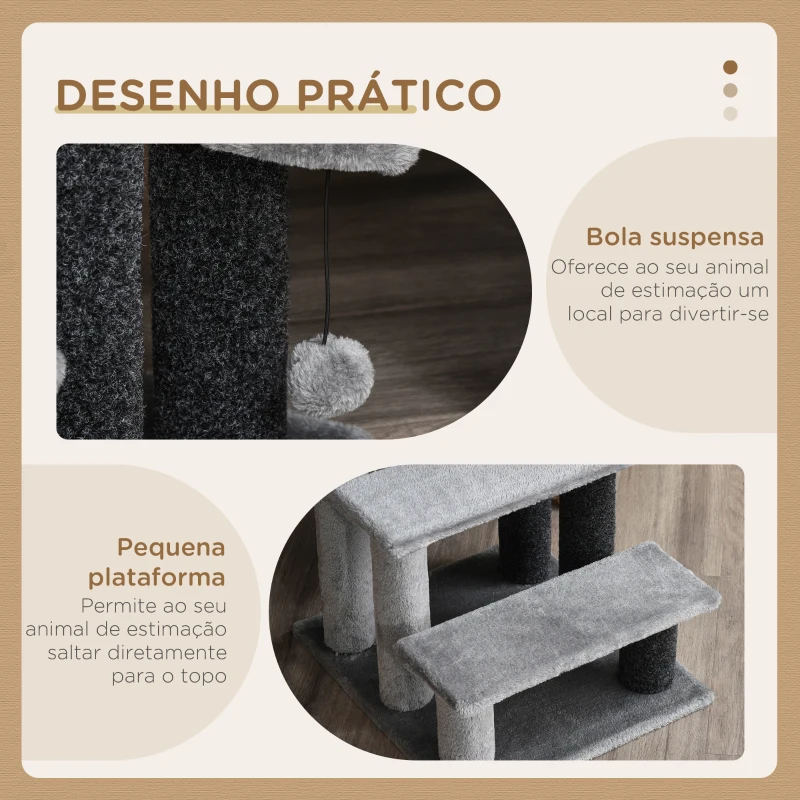 PawHut Escada para Animais de Estimação Escada para Gatos de 3 Degraus com Poste de Arranhar Bola 45x40x48 cm Cinza