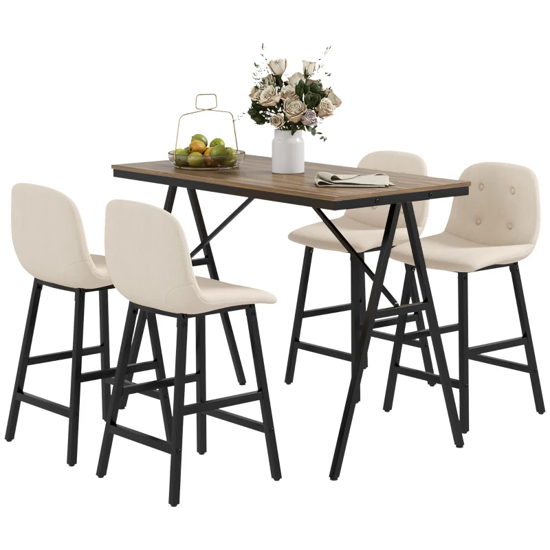 HOMCOM 5-delige Bargarnituur, Tafel en 4 Stoelen, Knoopstiksel, Dikke Bekleding, Linnenlook, Beige(m-11)