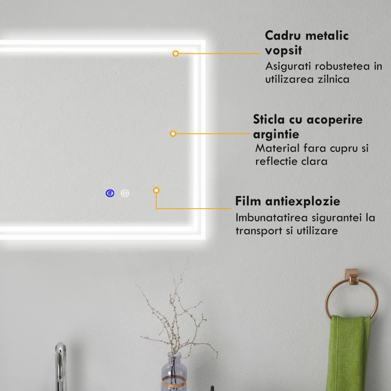 kleankin Oglinda de Baie cu Lumini LED, 90x70cm