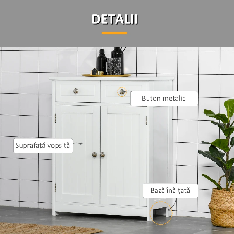 kleankin Dulap de Depozitare Organizator Independent pentru Baie de Podea cu 2 Usi, 2 Sertare si Raft Reglabil, Alb(m-6)