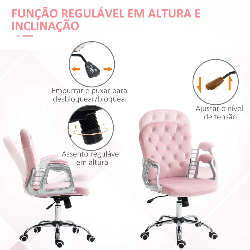 Vinsetto Cadeira de Escritório Estofada em Veludo Cadeira Giratória com Altura Ajustável e Decorações de Cristal 59,5x60,5x103 cm Rosa