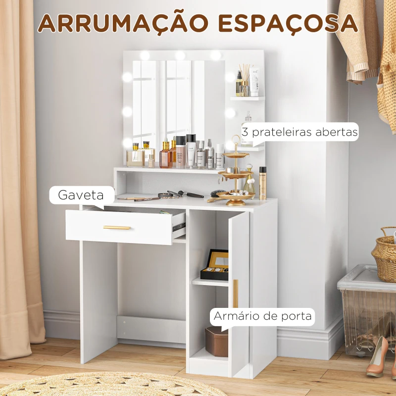 HOMCOM Toucador de Maquilhagem com Banco Mesa de Maquilhagem com Espelho LED Gavetas Prateleira Ajustável e Prateleiras Abertas Branco