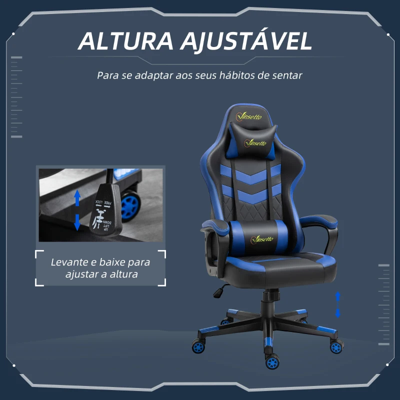Vinsetto Cadeira Gaming Cadeira de Escritório Ergonómica com Altura Regulável Basculante Apoio de Cabeça 61x70x121-129 cm Azul