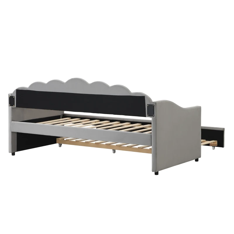 Upholstered Single Sofa Bed with Trundle, Velvet Sofa Bed Sleeper with Scalloped Cushions, 202x190x95 cm, Gray