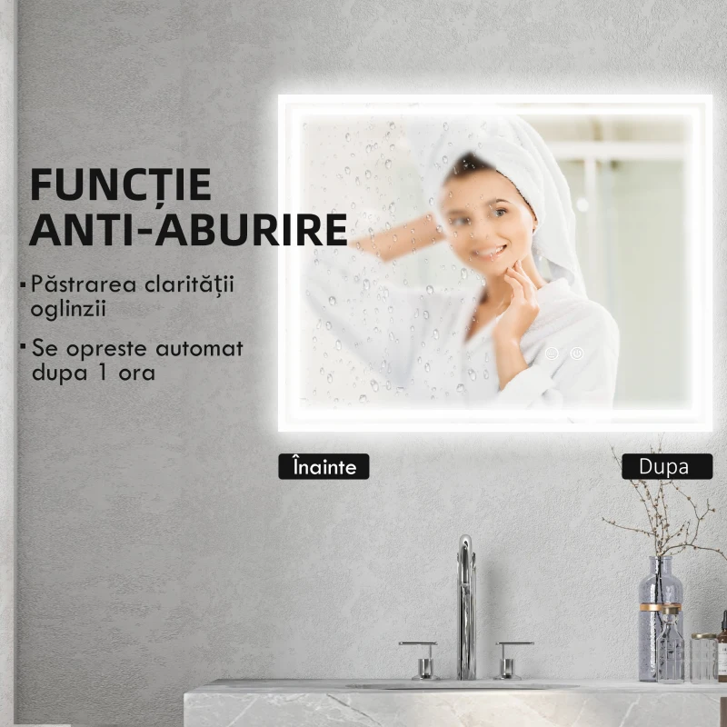 kleankin Oglinda de Baie cu Lumini LED, 90x70cm