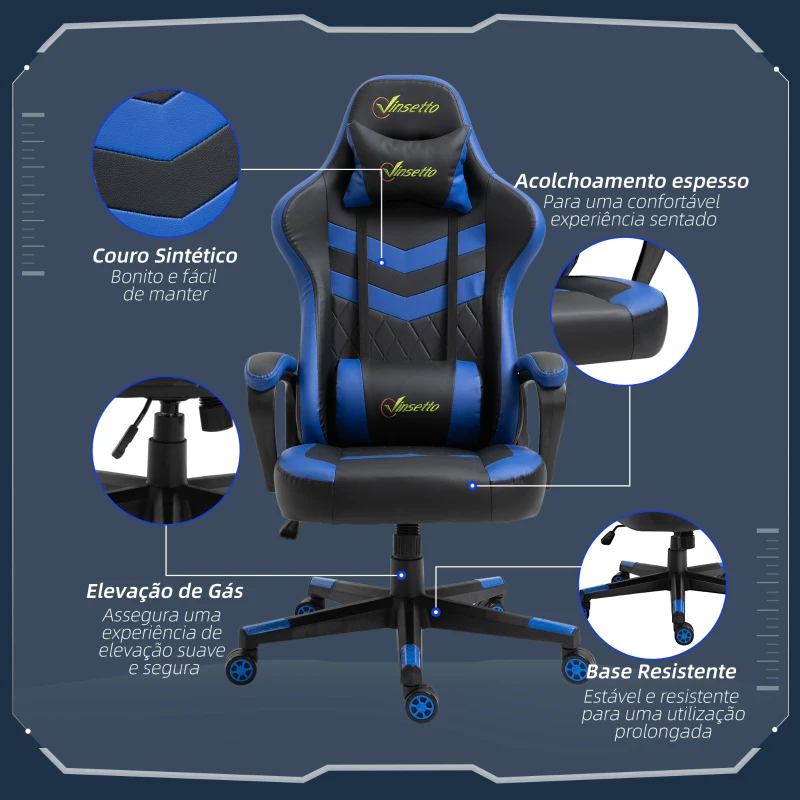 Vinsetto Cadeira Gaming Cadeira de Escritório Ergonómica com Altura Regulável Basculante Apoio de Cabeça 61x70x121-129 cm Azul