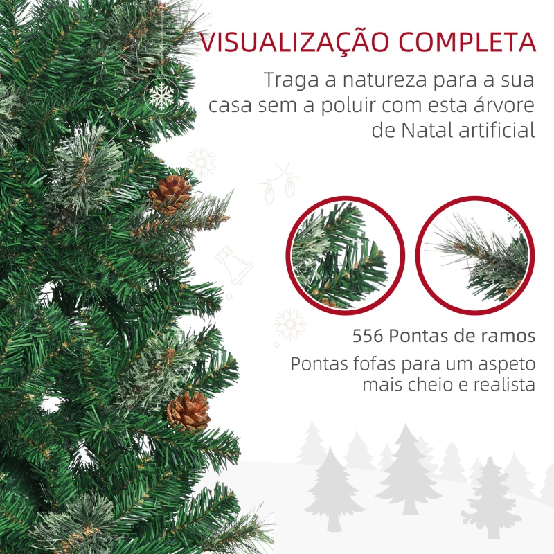 HOMCOM Árvore de Natal Artificial 195 cm Árvore de Natal com 556 Ramos Árvore de Natal Slim com 25 Pinhas Base Dobrável Ø54x195 cm Verde