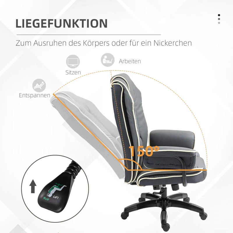 Vinsetto Ergonomiczne Krzesło Biurowe, Dodatkowo Wypełnione, z Funkcją Leżenia, Ekoskóra, 76x80x118-124 cm, Ciemnoszary