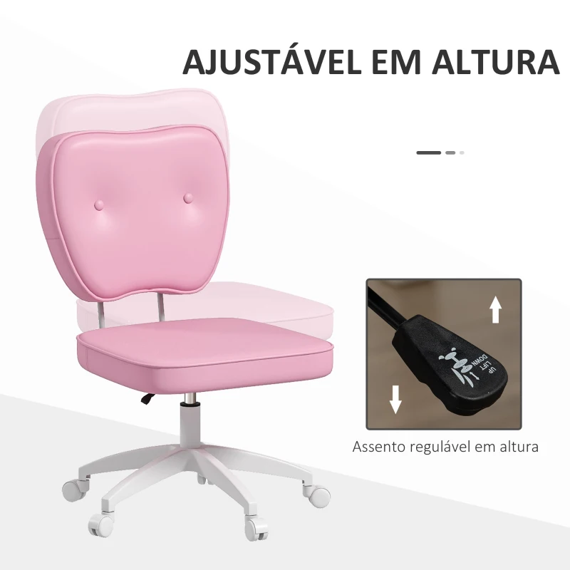 Vinsetto Cadeira de Escritório Estofada em PU com Altura Ajustável Sem Braços Cadeira de Estudo Dormitório 46x59x82-92 cm Rosa
