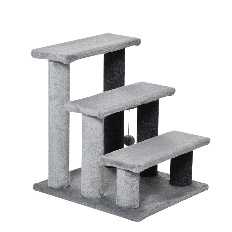 PawHut Escada para Animais de Estimação Escada para Gatos de 3 Degraus com Poste de Arranhar Bola 45x40x48 cm Cinza