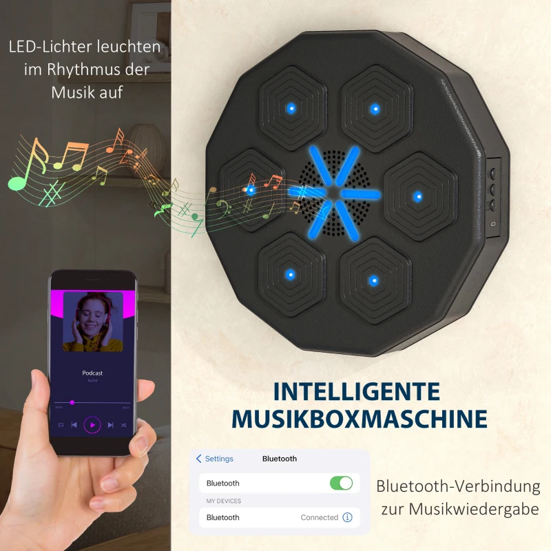 SPORTNOW Bokstrainer met Muziekfunctie, Bluetooth, Oplichtende Punten, Wandmontage, Kunstleer, Zwart