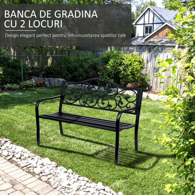 Outsunny Banca pentru exterior din metal, 127x60x89cm, negru