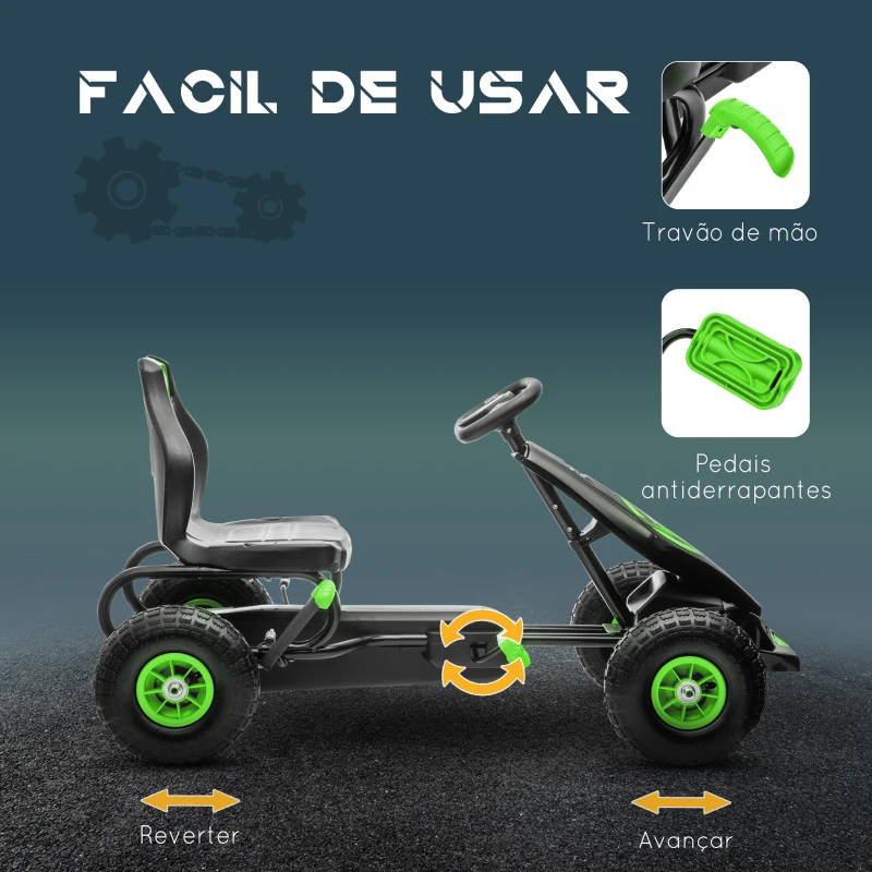 HOMCOM Kart a Pedais para Crianças 5-12 Anos com Assento Ajustável Pneus Insufláveis Amortecimento e Travão de Mão 121x58x61 cm Verde
