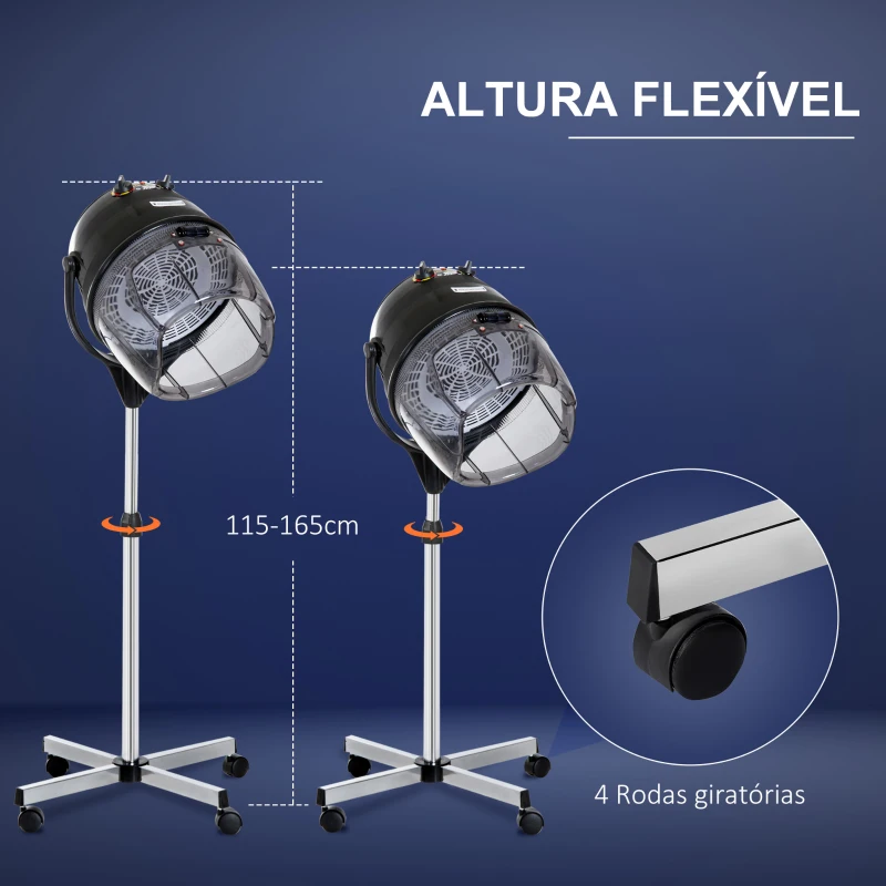 HOMCOM Secador de Cabelo Profissional 1180W com Capuz e Rodas com Temporizador de Temperatura Ajustável em Altura Preto